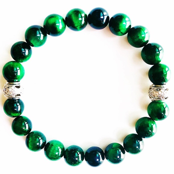 Men’s Green Tiger’s Eye + Rhodium Bracelet - Picture 1 of 2